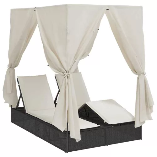 Kettős Napozóágy Tetővel Fekete 205 x 129 x 200 cm PE rattan