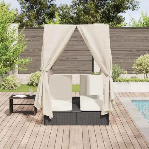 Kettős Napozóágy Tetővel Fekete 205 x 129 x 200 cm PE rattan
