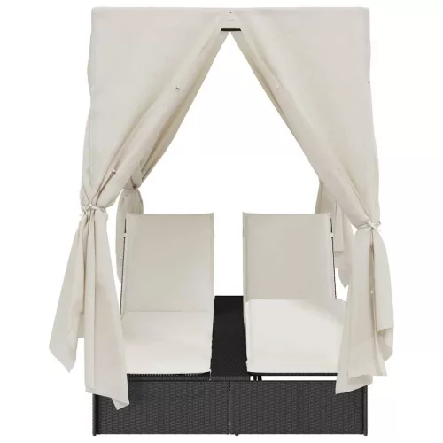 Kettős Napozóágy Tetővel Fekete 205 x 129 x 200 cm PE rattan