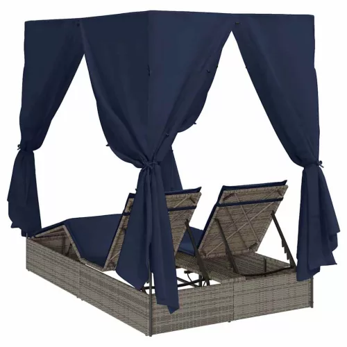 Kettős Napozóágy Tetővel Szürke 205 x 129 x 200 cm PE rattan
