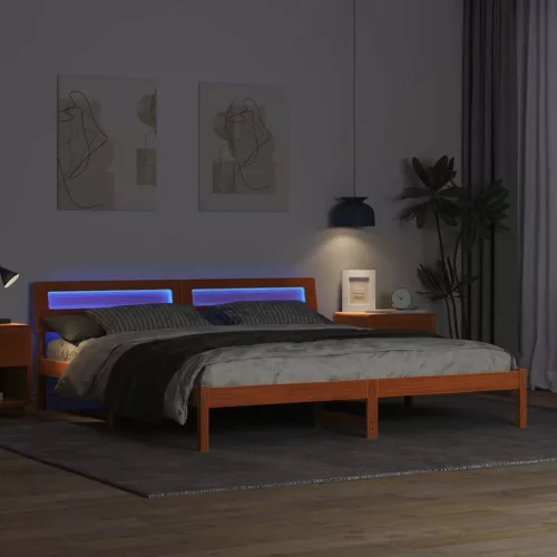 Ágykeret LED -es lámpákkal Barna 200 x 200 cm Tömör fa