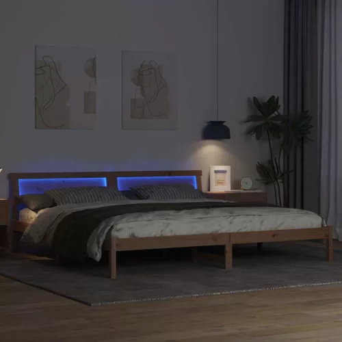 Ágykeret LED -es lámpákkal Barna 200 x 200 cm Tömör fenyőfa