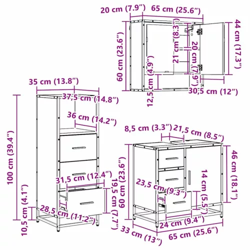 Fürdőszoba bútor szett 3 pcs Musta tammi 65 x 33 x 60 cm
