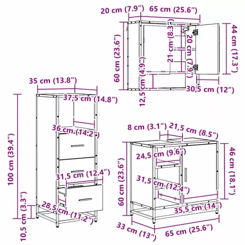 Fürdőszoba bútor szett 3 pcs Musta tammi 65 x 33 x 60 cm