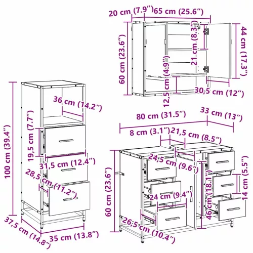 Fürdőszoba bútor szett 3 pcs Musta tammi 80 x 33 x 60 cm