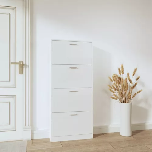 Magasfényű fehér szerelt fa cipőszekrény 59x17x150 cm