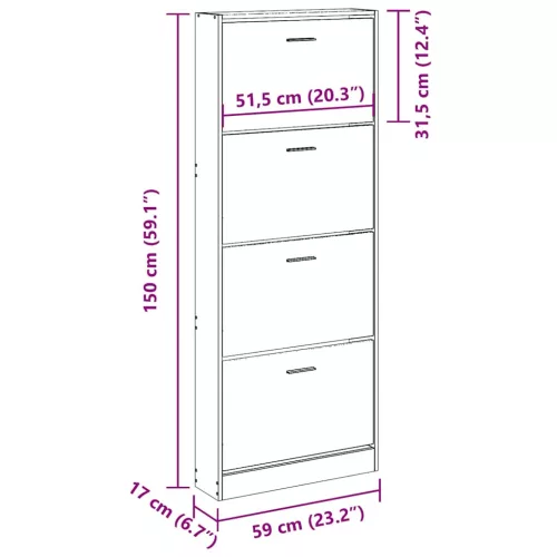 Füstös tölgy színű szerelt fa cipősszekrény 59x17x150 cm
