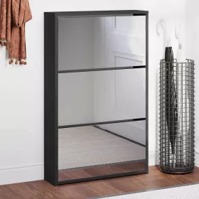  Fekete cipősszekrény tükörrel, 3 rétegű, 63 x 17 x 102,5 cm