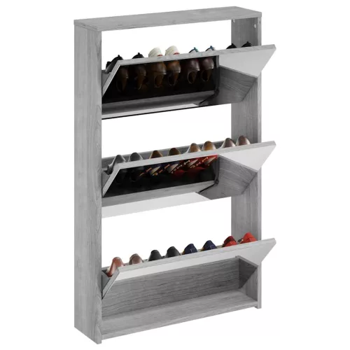 Szürke sonoma 3 szintes cipőszekrény tükörrel 63x17x102,5 cm