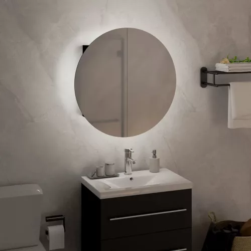 Fekete fürdőszobaszekrény kerek tükörrel/LED-del 40x40x17,5 cm