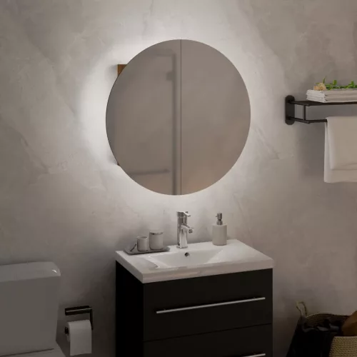 Tölgy fürdőszobai szekrény kerek tükörrel/LED-del 40x40x17,5 cm