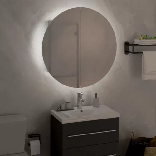 Fehér fürdőszobai szekrény kerek tükörrel/LED-del 47x47x17,5 cm