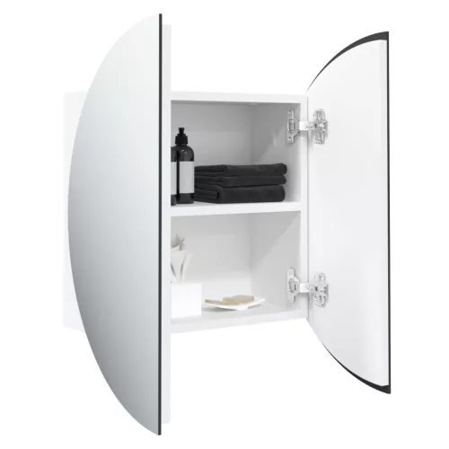 Fehér fürdőszobai szekrény kerek tükörrel/LED-del 47x47x17,5 cm