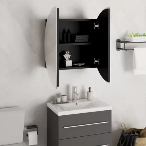 Fekete fürdőszobaszekrény kerek tükörrel/LED-del 47x47x17,5 cm