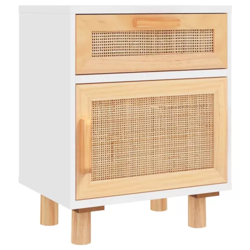 Fehér tömör fenyőfa és természetes rattan éjjeliszekrény