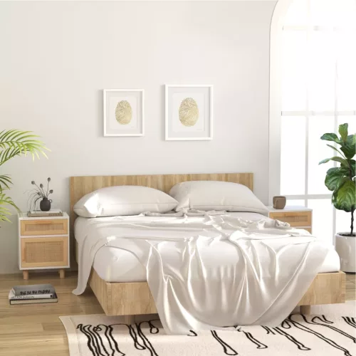 Fehér tömör fenyőfa és természetes rattan éjjeliszekrény