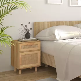   Barna tömör fenyőfa és természetes rattan éjjeliszekrény
