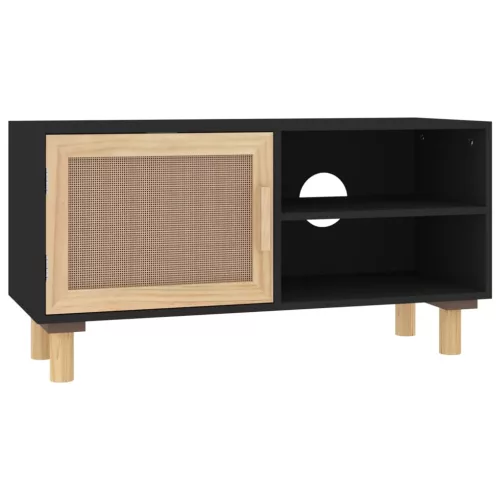 Fekete fenyőfa és természetes rattan TV-szekrény 80x30x40 cm