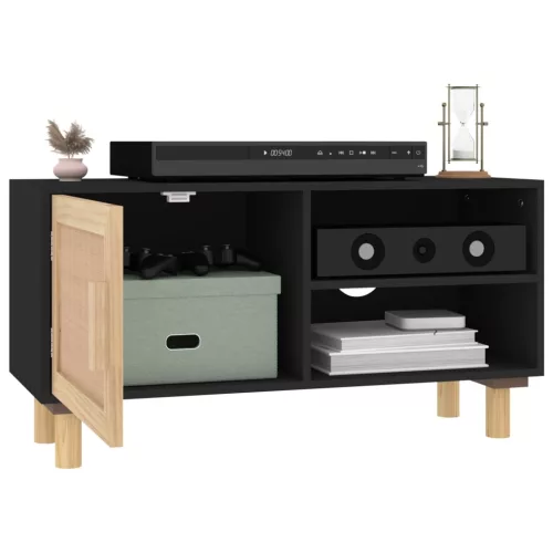 Fekete fenyőfa és természetes rattan TV-szekrény 80x30x40 cm