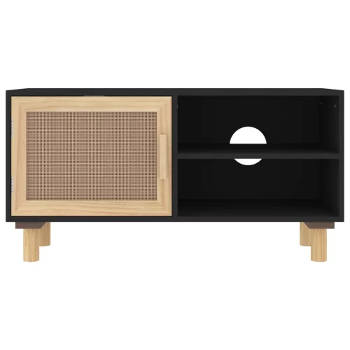 Fekete fenyőfa és természetes rattan TV-szekrény 80x30x40 cm