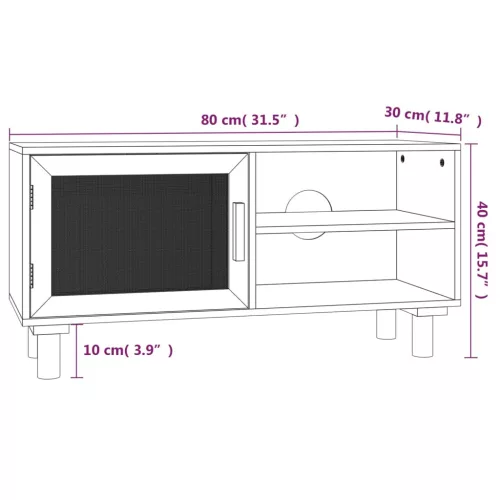 Fekete fenyőfa és természetes rattan TV-szekrény 80x30x40 cm