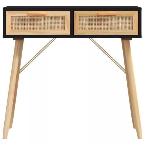 Fekete tömör fenyő és természetes rattan tálaló 80x30x75 cm