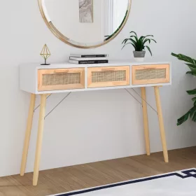   Fehér tömör fenyő és természetes rattan tálaló 105x30x75 cm
