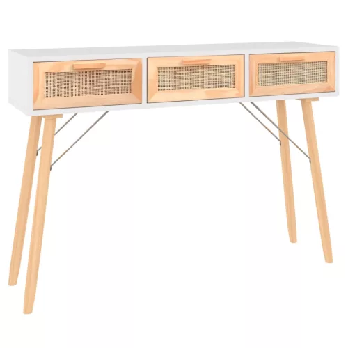 Fehér tömör fenyő és természetes rattan tálaló 105x30x75 cm