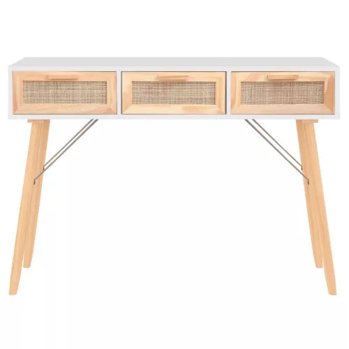 Fehér tömör fenyő és természetes rattan tálaló 105x30x75 cm