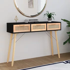  Fekete tömör fenyő és természetes rattan kisasztal 105x30x75 cm