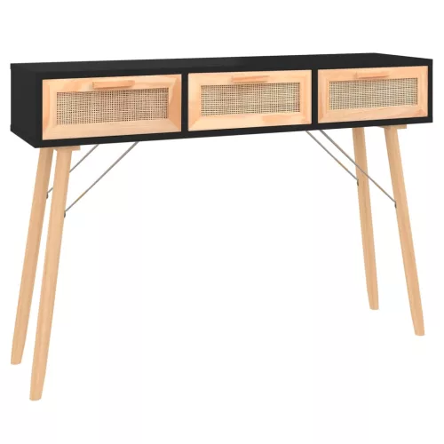 Fekete tömör fenyő és természetes rattan kisasztal 105x30x75 cm