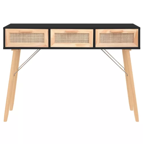 Fekete tömör fenyő és természetes rattan kisasztal 105x30x75 cm