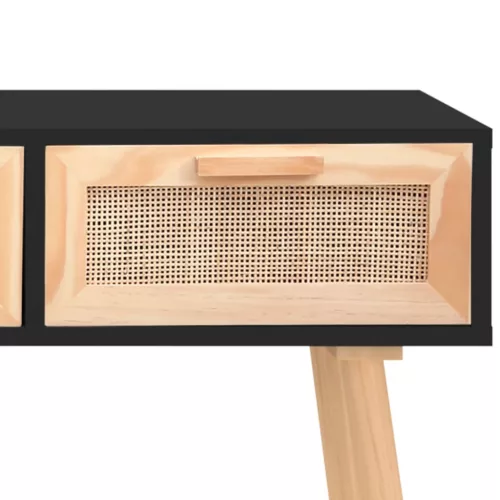 Fekete tömör fenyő és természetes rattan kisasztal 105x30x75 cm