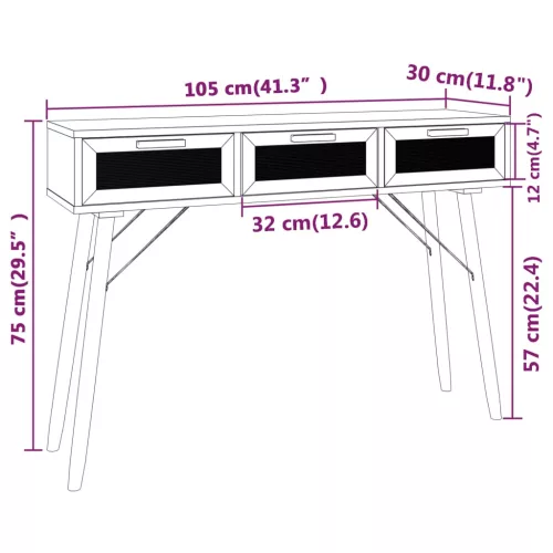 Fekete tömör fenyő és természetes rattan kisasztal 105x30x75 cm