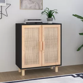   Fekete tömör fenyő/természetes rattan tálalószekrény 60x30x70cm