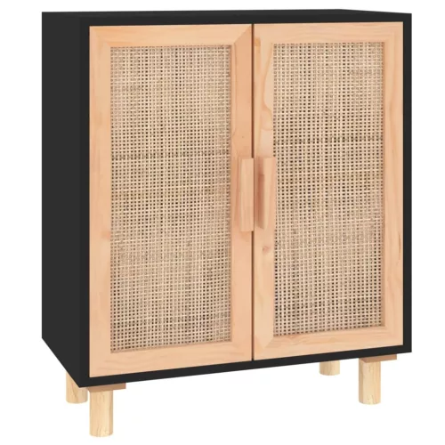 Fekete tömör fenyő/természetes rattan tálalószekrény 60x30x70cm