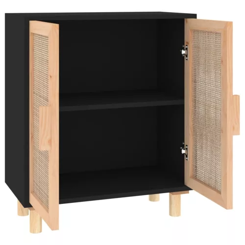 Fekete tömör fenyő/természetes rattan tálalószekrény 60x30x70cm
