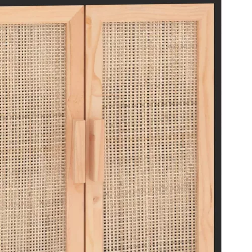 Fekete tömör fenyő/természetes rattan tálalószekrény 60x30x70cm