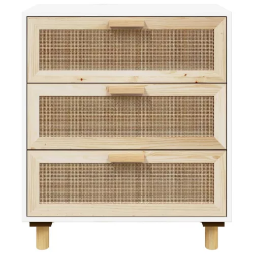 Fehér tömör fenyő/természetes rattan tálalószekrény 60x30x70 cm