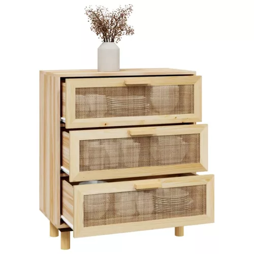 Barna tömör fenyő/természetes rattan tálalószekrény 60x30x70cm