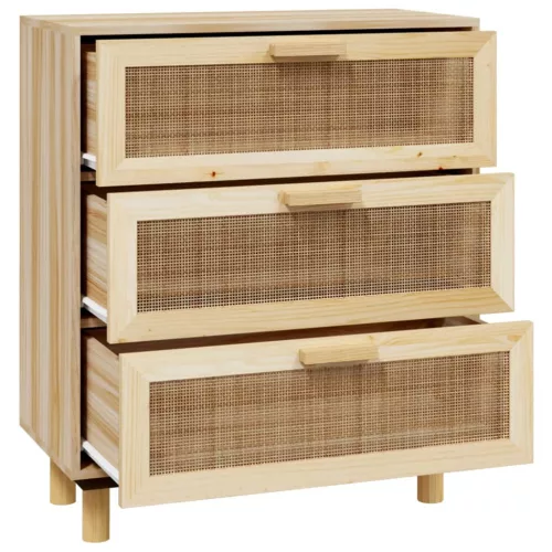 Barna tömör fenyő/természetes rattan tálalószekrény 60x30x70cm