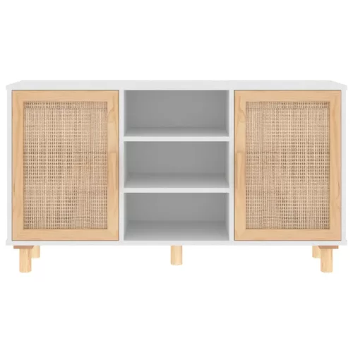 Fehér tömör fenyő/természetes rattan tálalószekrény 105x30x60cm