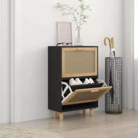   Fekete szerelt fa és természetes rattan cipőszekrény 52x25x80cm