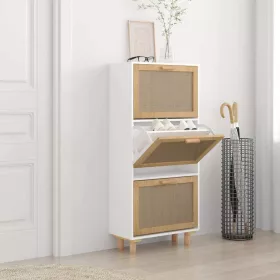   Fehér szerelt fa és természetes rattan cipőszekrény 52x25x115cm
