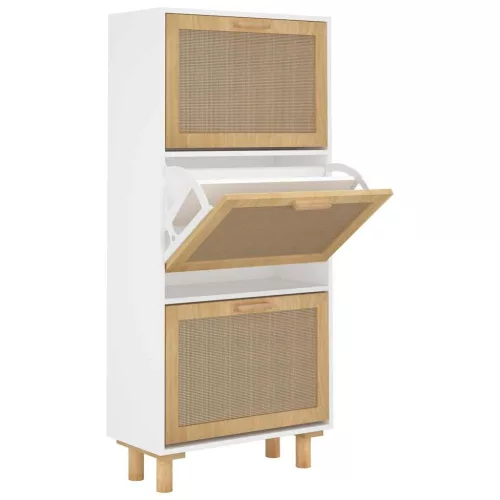 Fehér szerelt fa és természetes rattan cipőszekrény 52x25x115cm