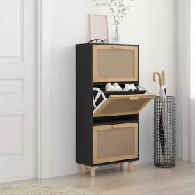   Fekete szerelt fa és természetes rattan cipőszekrény 52x25x80cm