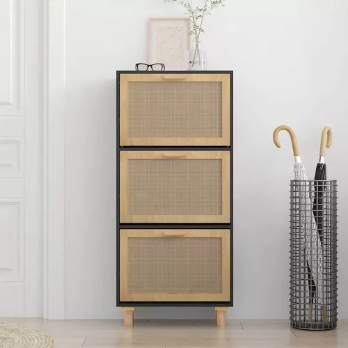 Fekete szerelt fa és természetes rattan cipőszekrény 52x25x80cm