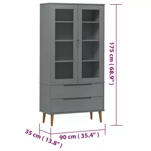 MOLDE szürke tömör fenyőfa vitrin szekrény 90 x 35 x 175 cm