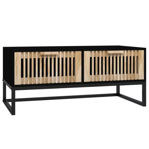 Fekete szerelt fa és vas dohányzóasztal 80 x 40 x 35 cm