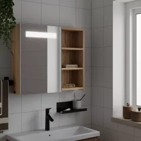  Tölgyszínű tükrös fürdőszobaszekrény LED-del 60 x 13 x 52cm